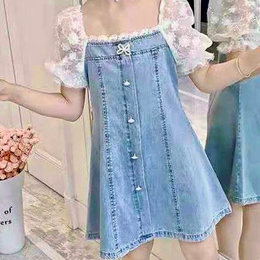 Toddler Girls Blue Denim Jean Lace Short Sleeve Summer Dress, Color