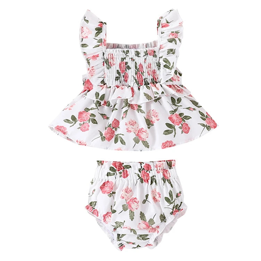 Baby Girls 2PC Sleeveless Square Neck Floral Print Top and Bottom Set, Front