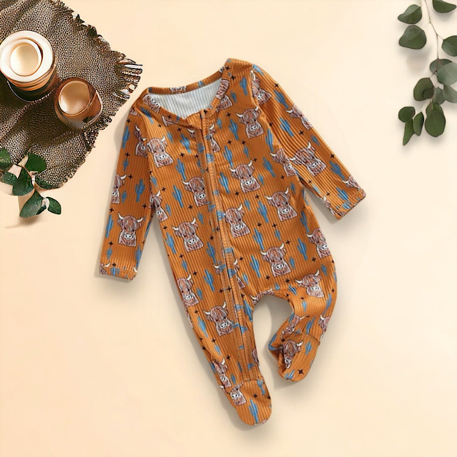 Infant Baby Boys Footie Romper Western Bull Print One Piece Outfit, Side Brown