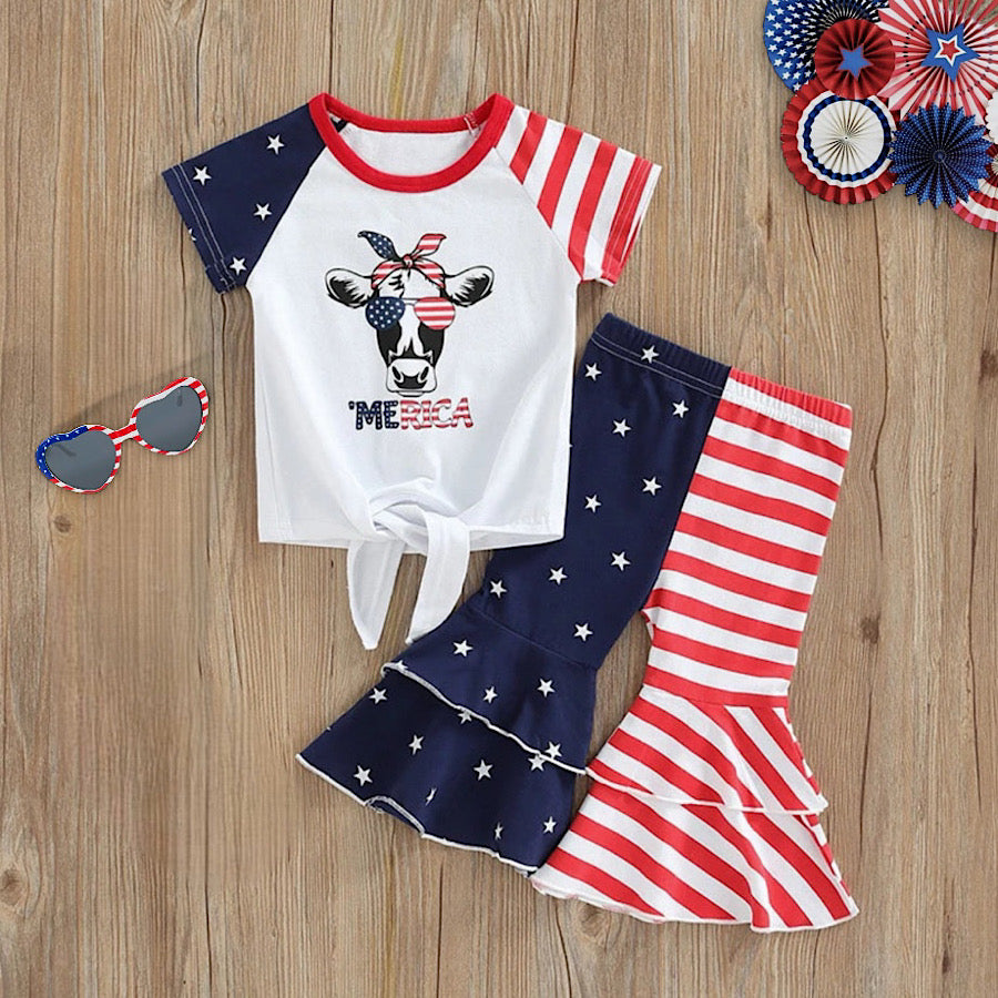 Girls Fourth of July Cow Print Tee and Flared Bell Bottom Pants Set, Front