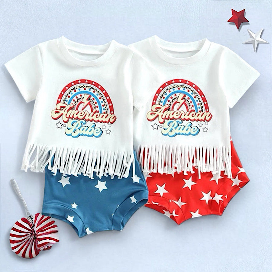 Baby Toddler Girls 2PC 4th of July Retro Tassel Top and Shorts Set, Main Image