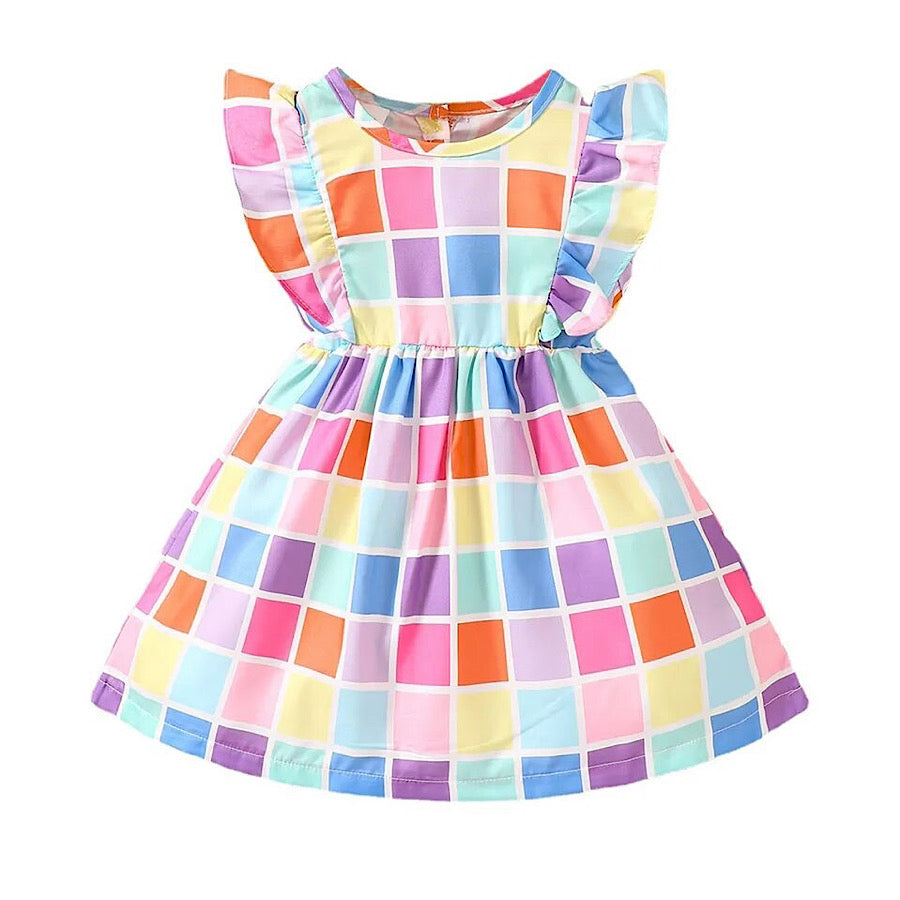 Baby Toddler Girls Colorful Checkered Print Ruffle Fly Sleeve Dress, Color