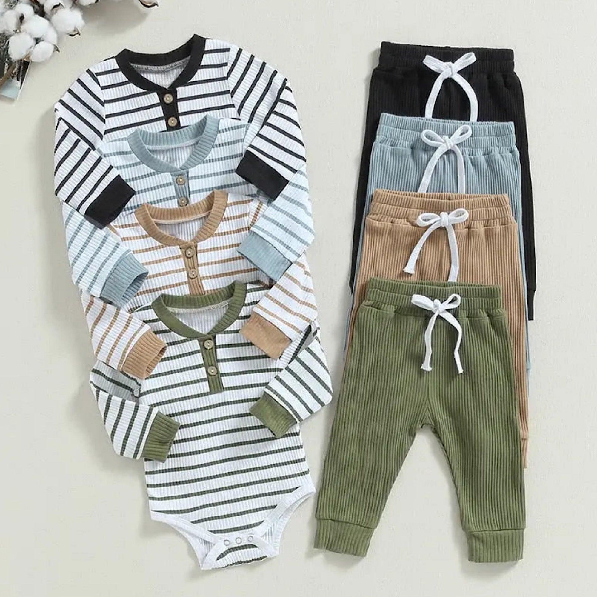 Infant Baby Boy Ribbed Stripe Long Sleeve Cotton Romper and Pants Set Bling Bling Baby Boutique
