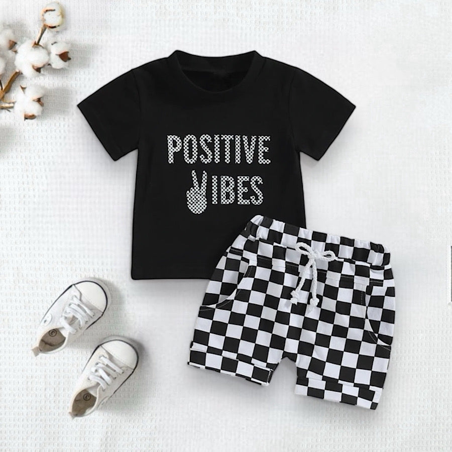 Boys Positive Vibes Print Black Tee and Checker Print Shorts Set, Main Image