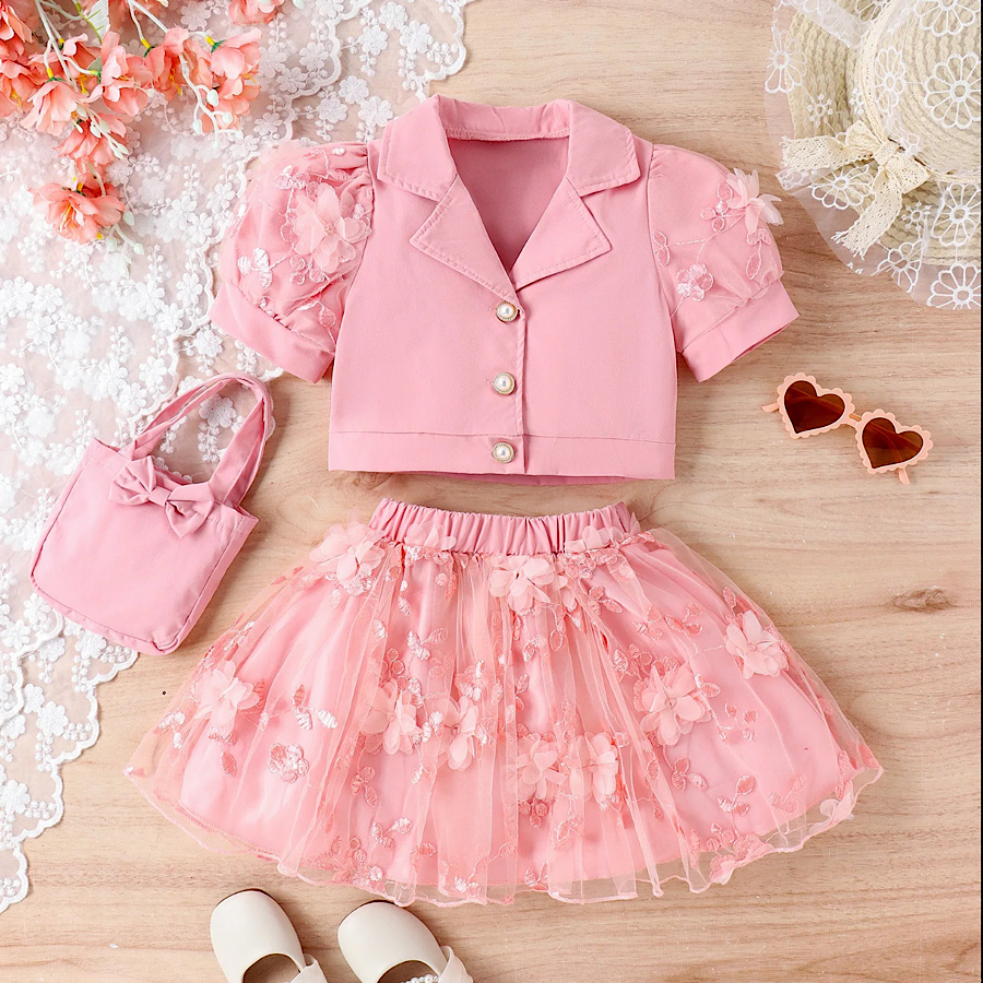 Girls Pink Puff Sleeve Butterfly Applique Blazer and Tutu Skirt Set, Front
