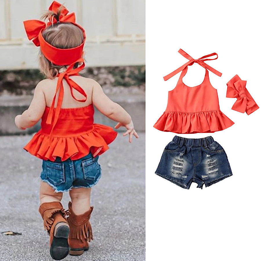 Toddler Girls Summer Halter Ruffle Top Distressed Denim Shorts and Bow, Main Image