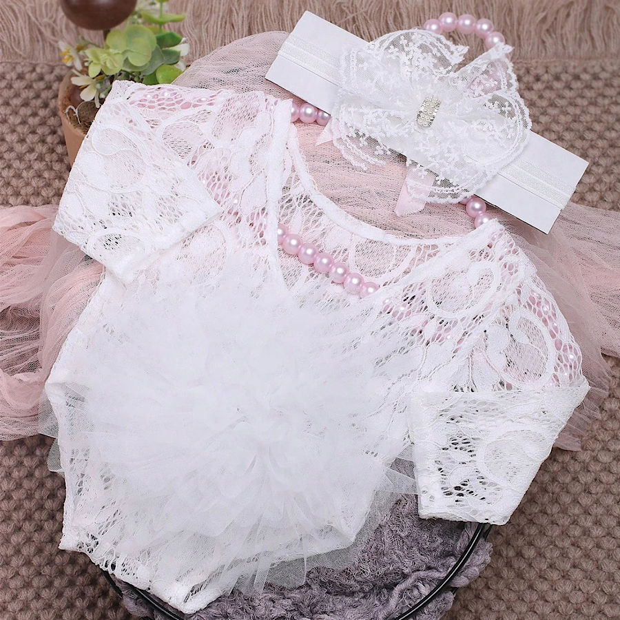 Newborn Baby Girls White Lace Photography Outfit with Headband, Main Image