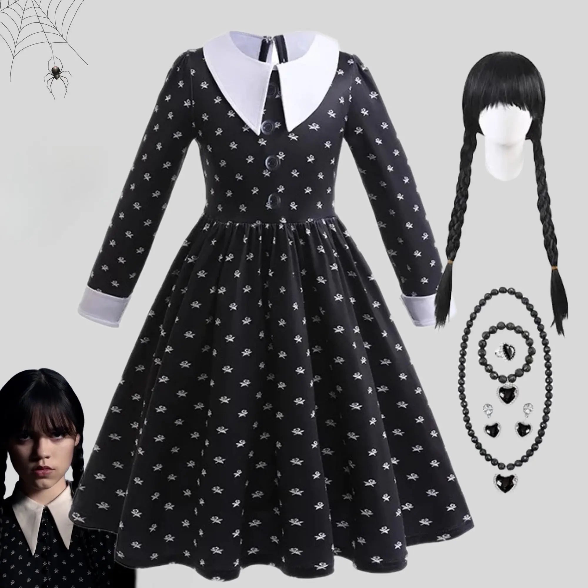 Girls Addams Family Wednesday Cosplay Halloween Costume and Wig Bling Bling Baby Boutique