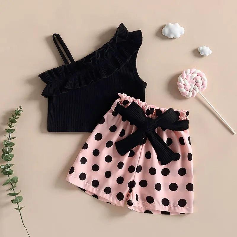 Girls Black Ribbed Sleeveless Top and Polka Dot Belted Shorts Set Bling Bling Baby Boutique