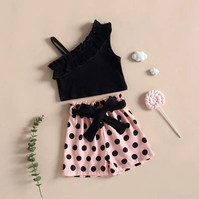 Girls Black Ribbed Sleeveless Top and Polka Dot Belted Shorts Set Bling Bling Baby Boutique