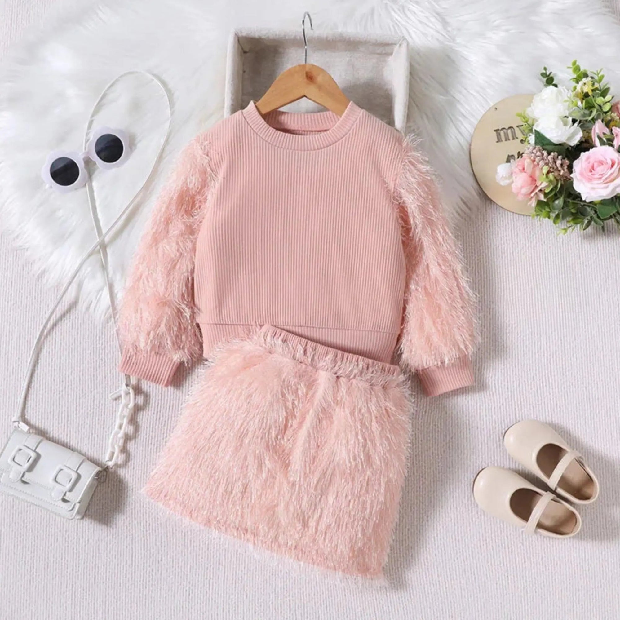 Girls Long Sleeve Pink Sweater and Fuzzy Skirt Two Piece Clothes Set, Main Image