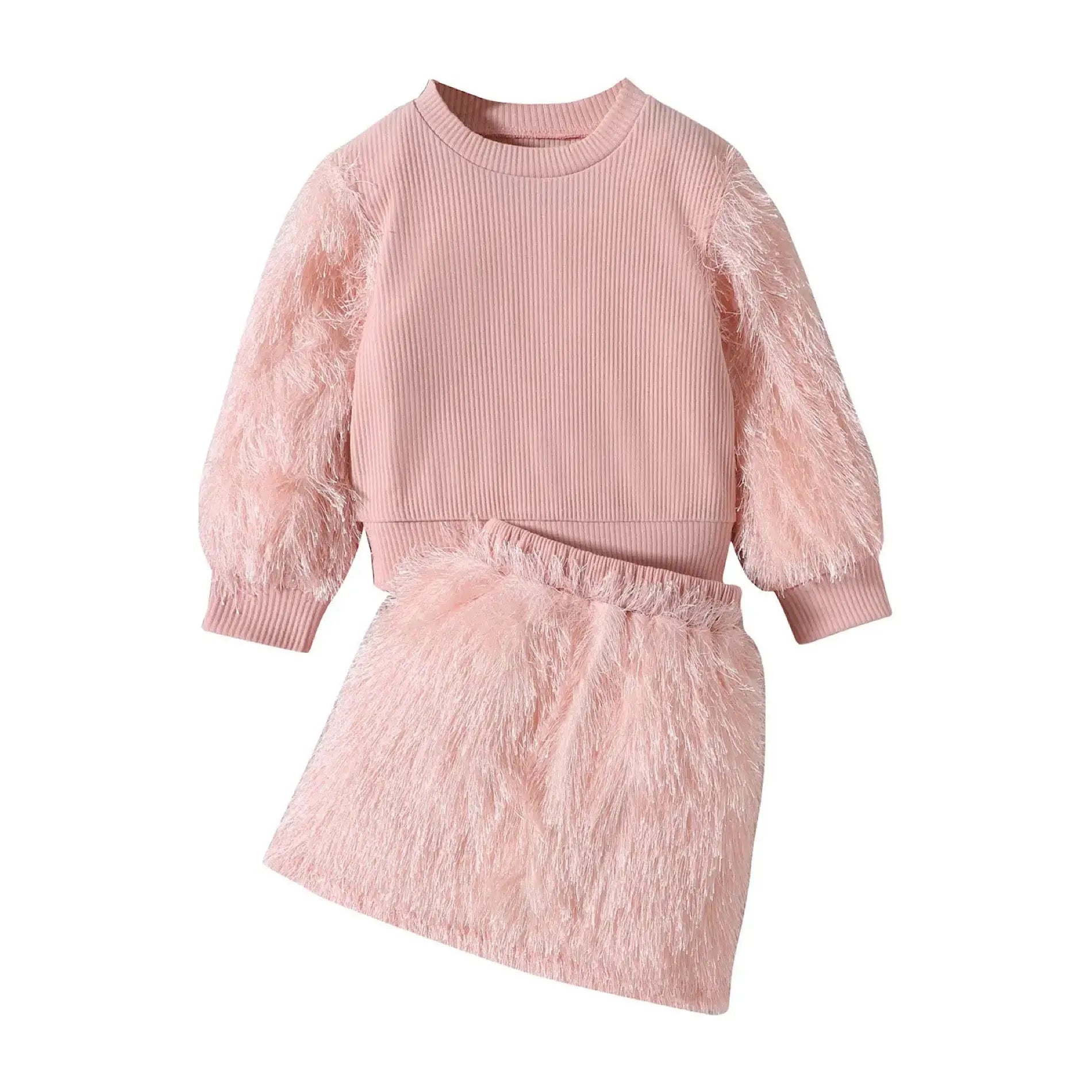 Girls Long Sleeve Pink Sweater and Fuzzy Skirt Two Piece Clothes Set, Main Image