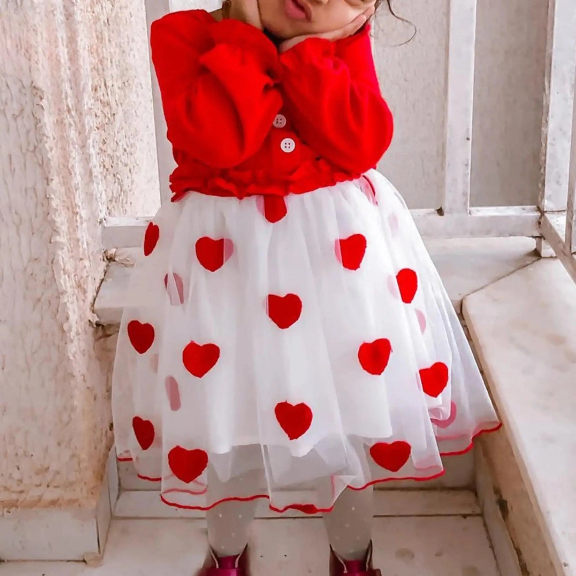 Girls Long Sleeve Valentine's Day Red Heart Print Princess Tutu Dress, Main Image