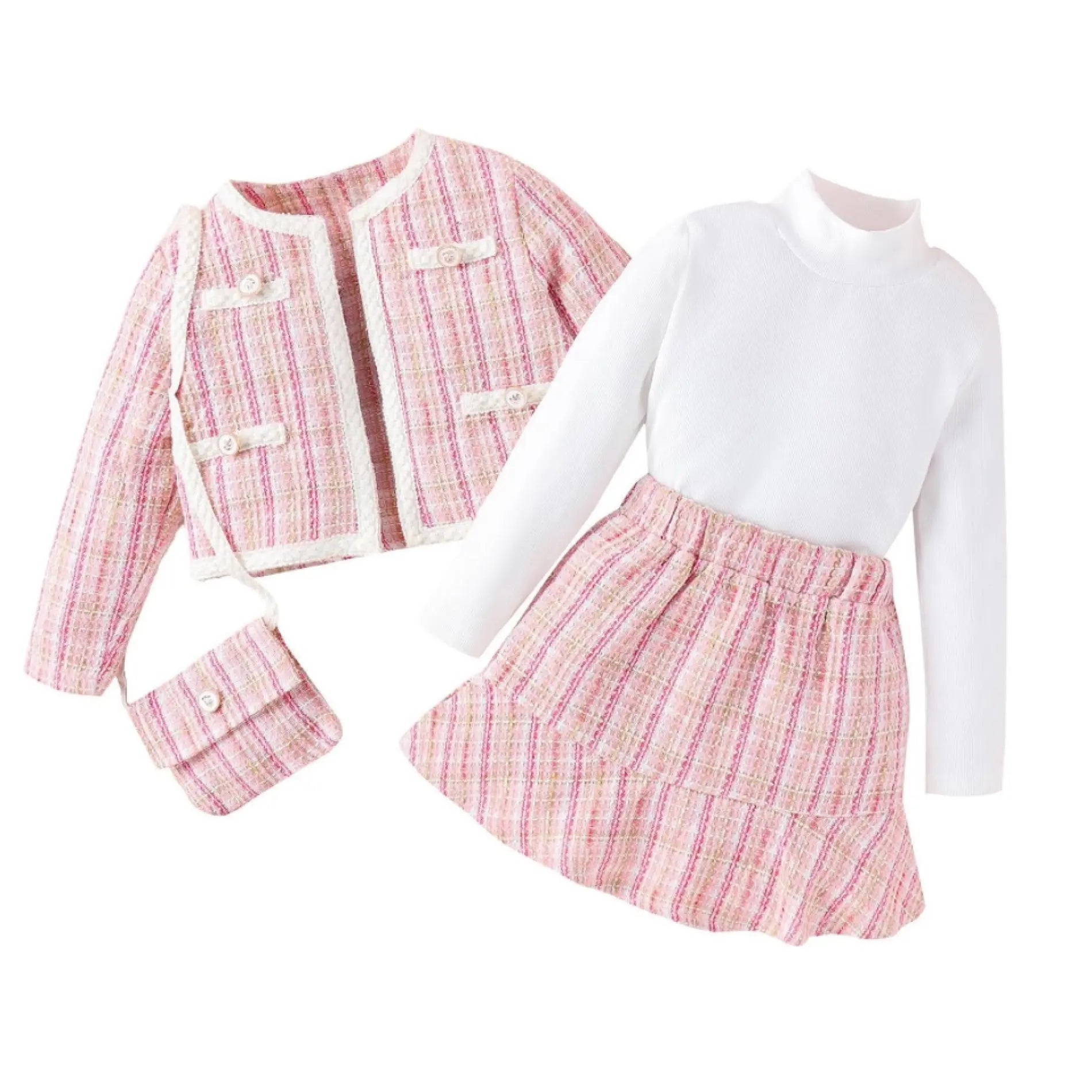 Girls Pink Plaid Jacket Skirt Shirt and Purse Four Piece Skirt Set, Main Image