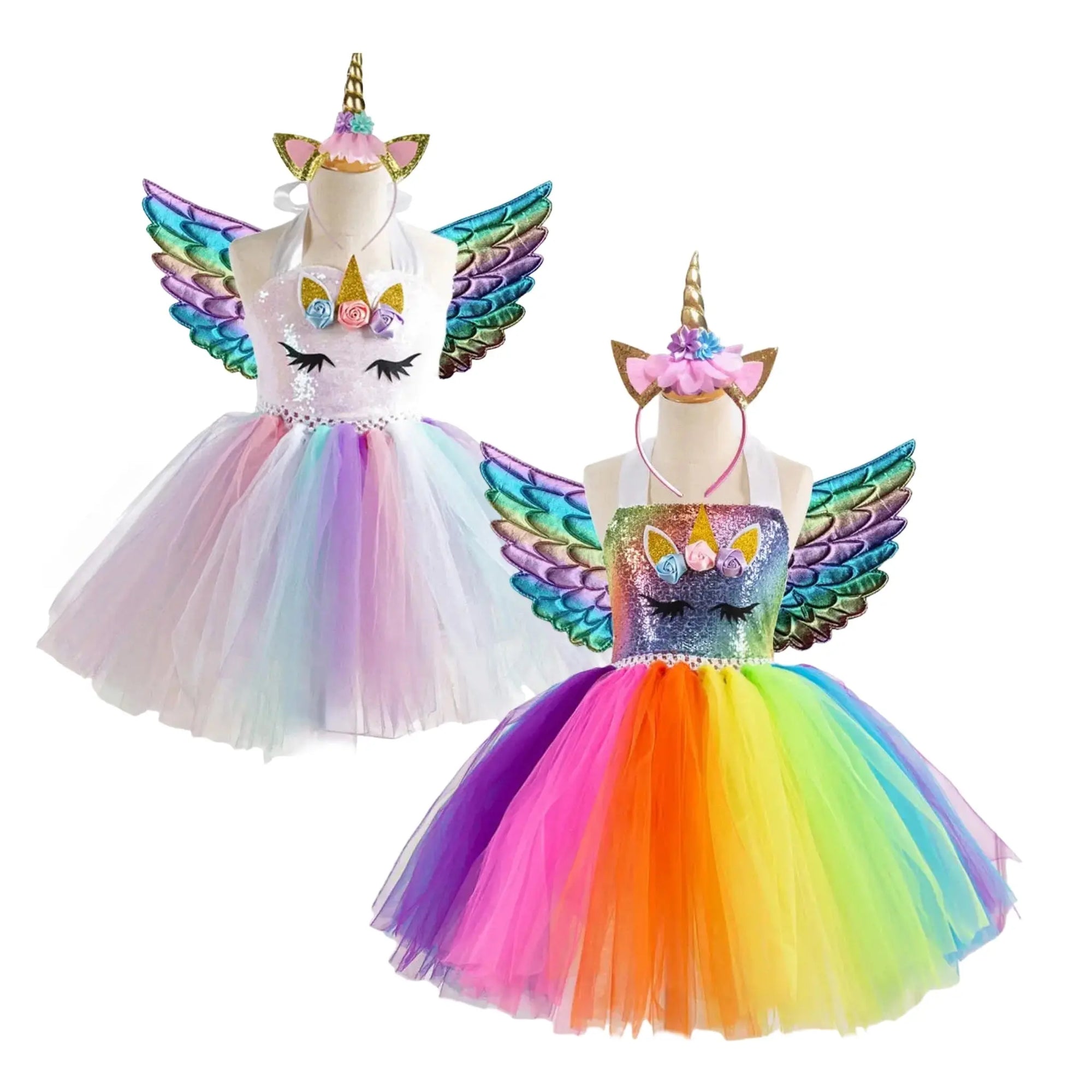 Girls Sequin Unicorn Costume Rainbow Princess Tutu Dress with Wings Bling Bling Baby Boutique