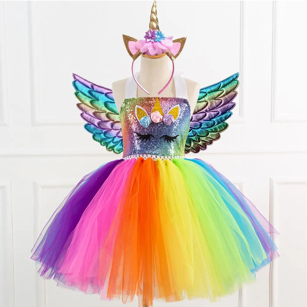 Girls Sequin Unicorn Costume Rainbow Princess Tutu Dress with Wings Bling Bling Baby Boutique