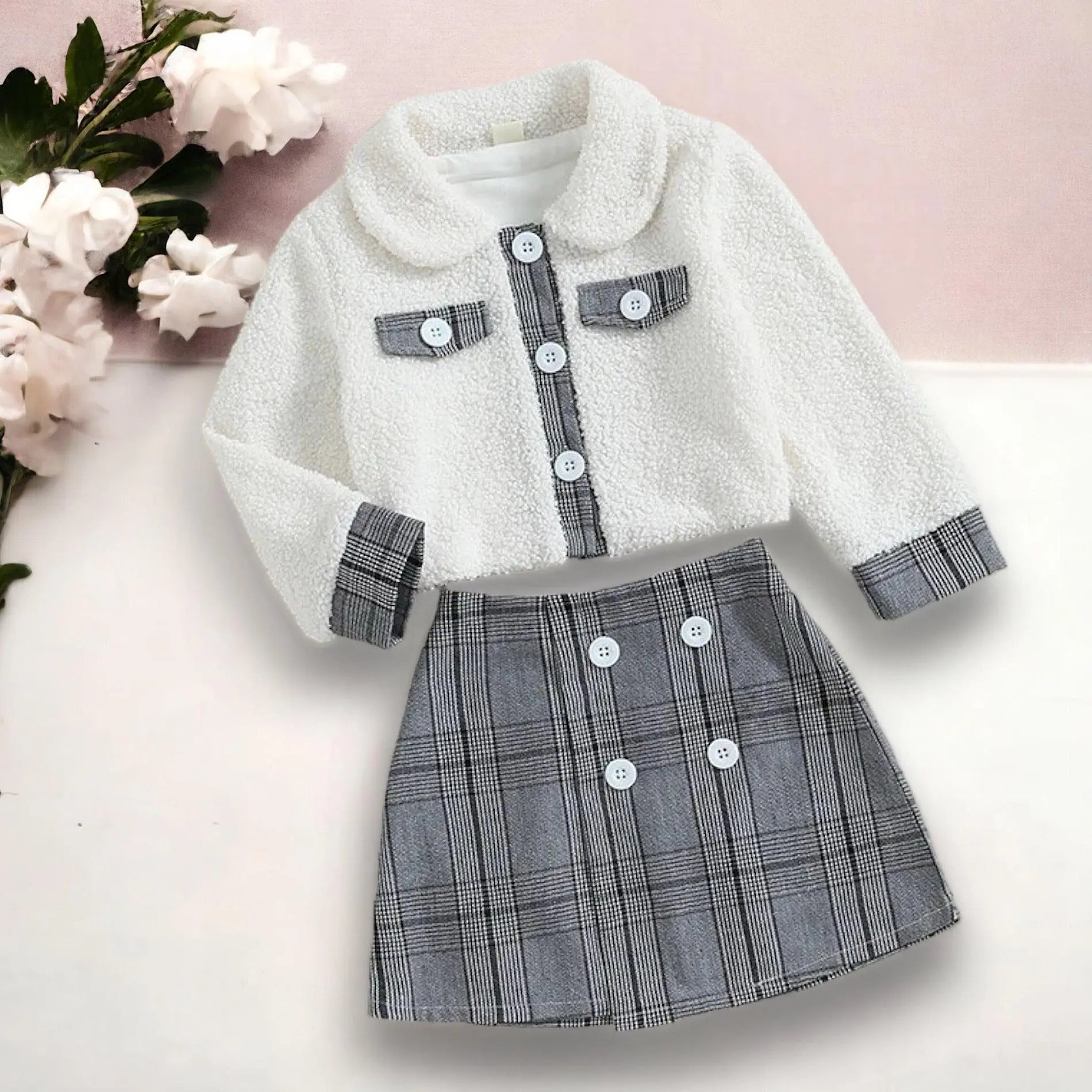 Girls Long Sleeve White Button Up Jacket and Plaid Skirt 2PC Set, Main Image