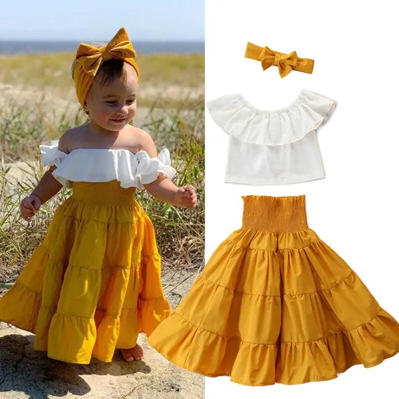 Girls White Ruffle Crop Top High Waisted Skirt and Headband Set Bling Bling Baby Boutique