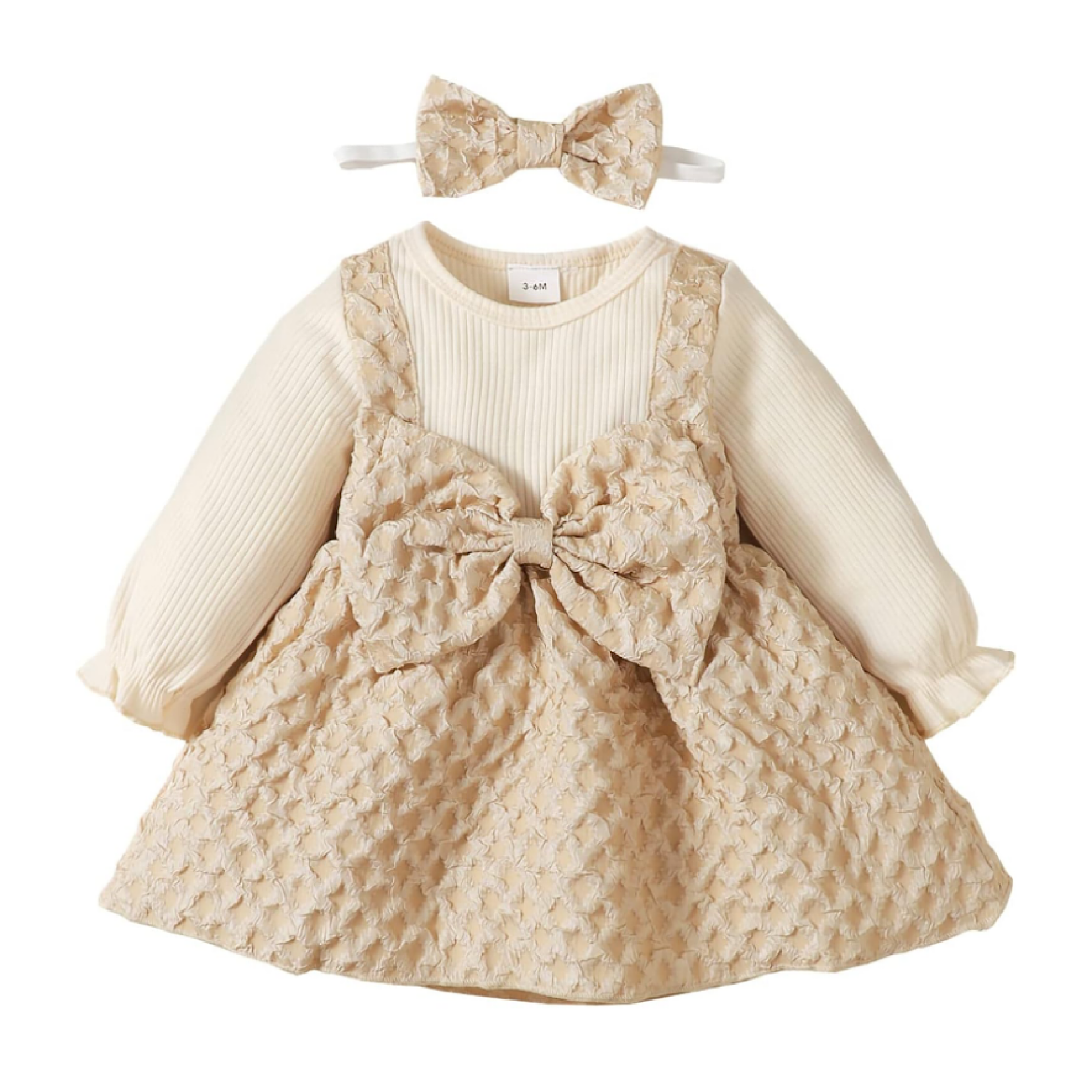 Baby Girls Two Toned Beige Long Sleeve Bow Dress and Headband, color