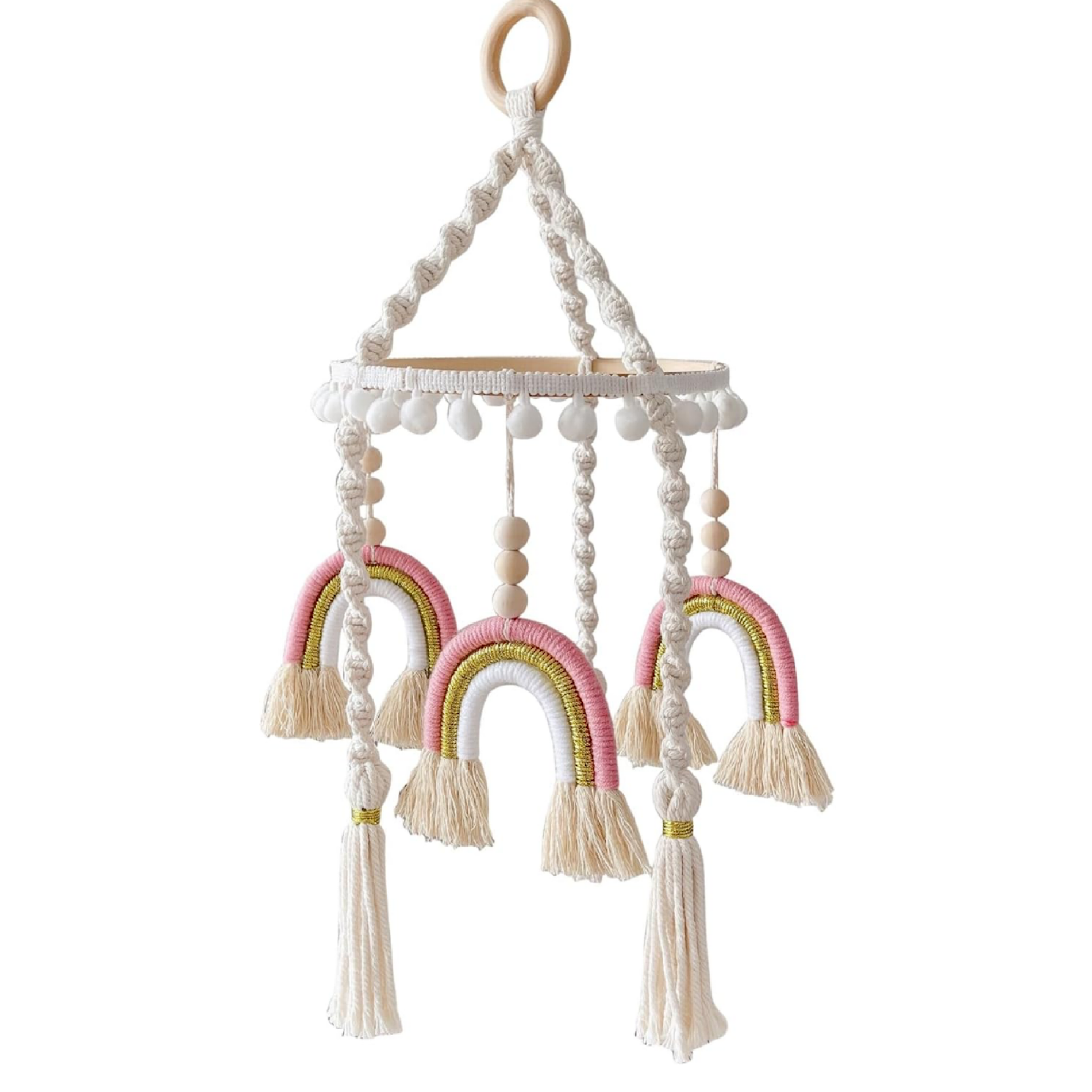 Baby Soft Cotton Woven Wooden Hanging Rainbow Mobile, Front Pink