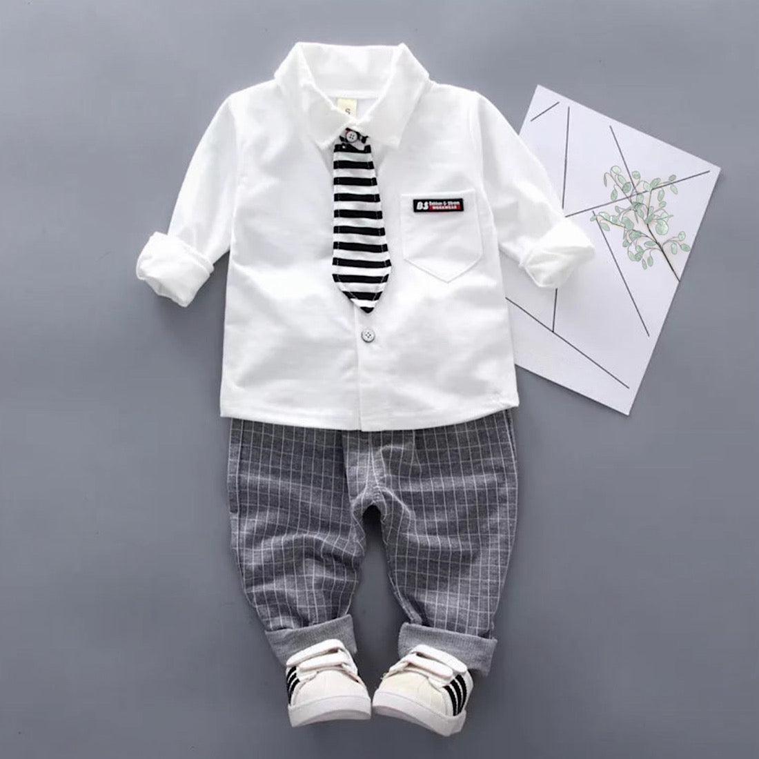 Boys Solid Long-Sleeve Shirt with Tie and Casual Checkered Pants Set, Main Image