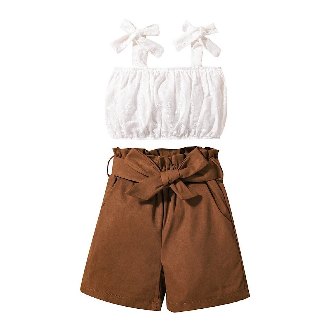 Baby Toddler Girls Eyelet Crop Top and Belted Brown Shorts Set, Model