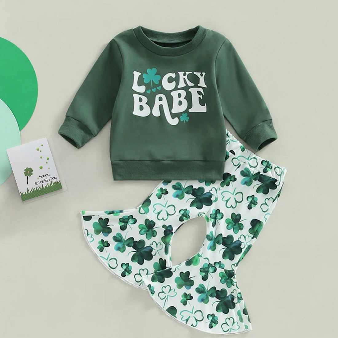Girls Green Lucky Print Long Sleeve Sweatshirt and Clover Flared Pants, Color
