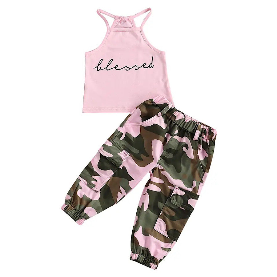 Toddler Girls Sporty Blessed Sleeveless Pink Shirt Camouflage Pants, Model