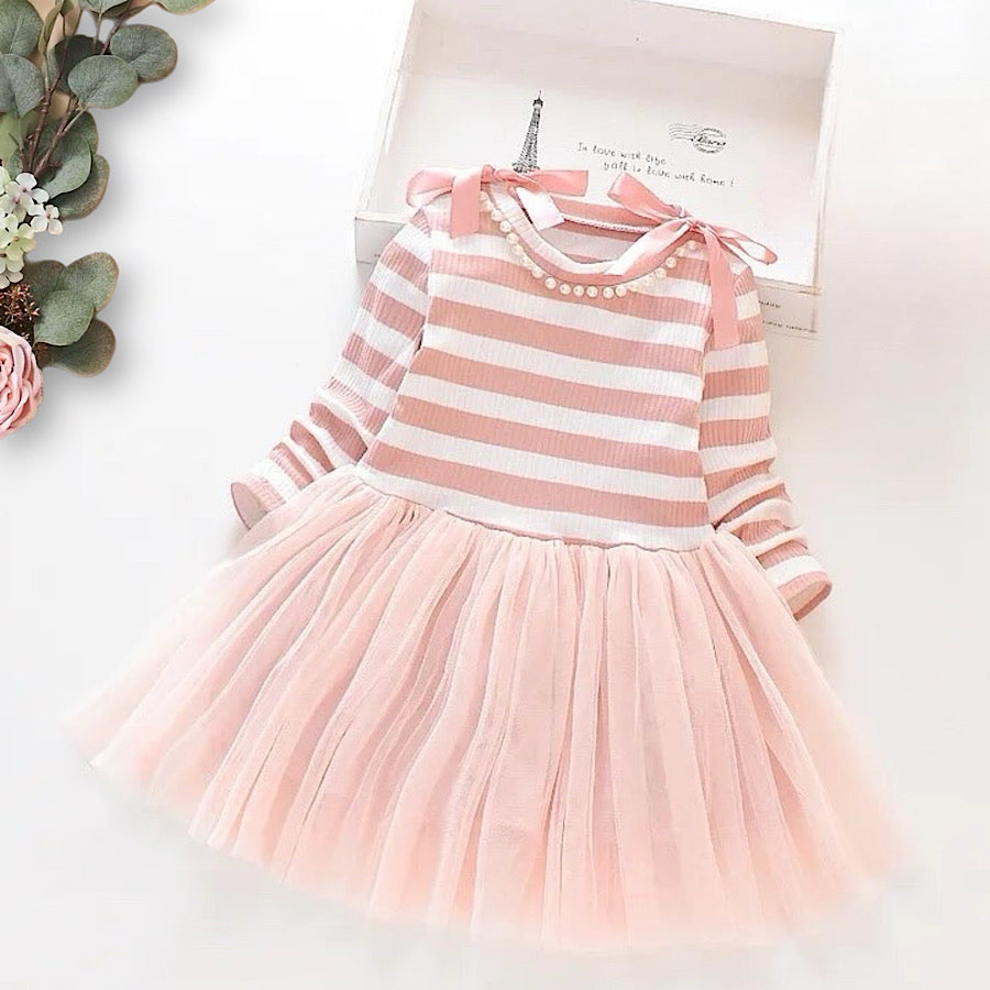 Baby Toddler Girls Pink Striped Pearl and Bow Trim Princess Tutu Dress. Color