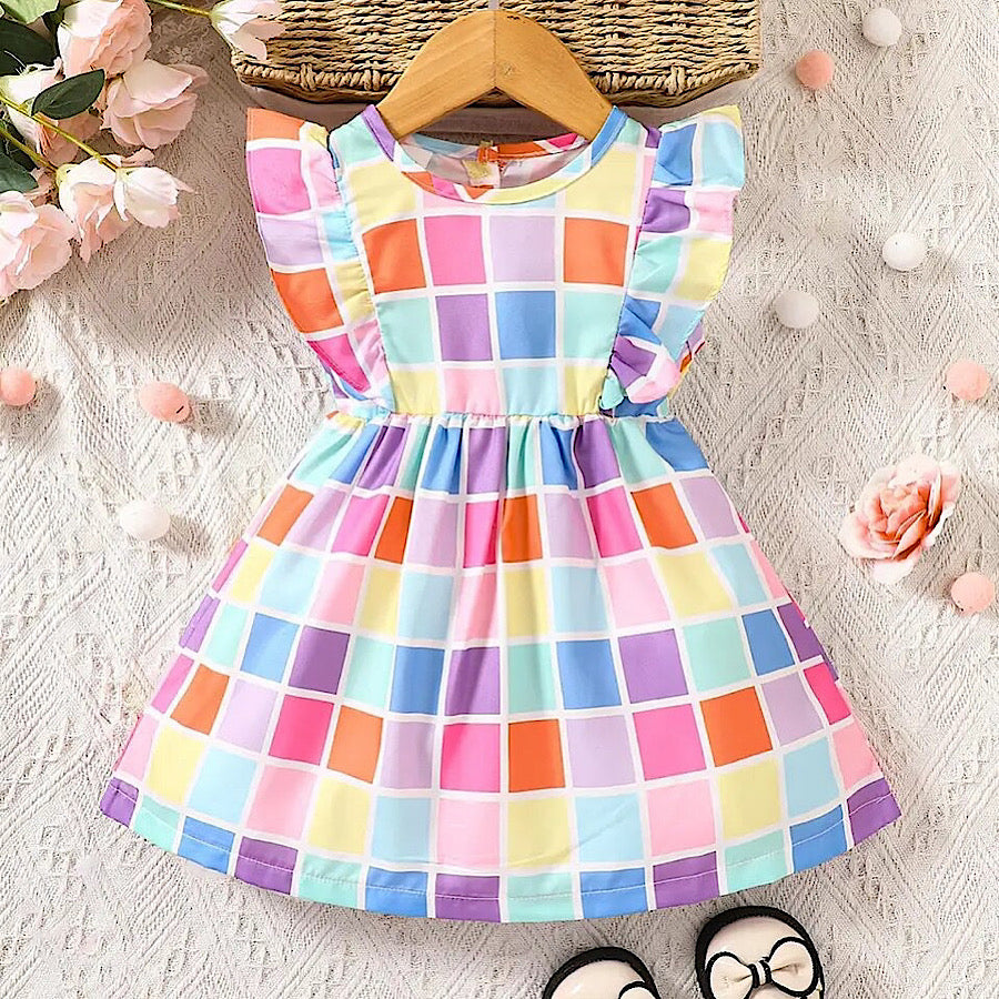 Baby Toddler Girls Colorful Checkered Print Ruffle Fly Sleeve Dress, Front
