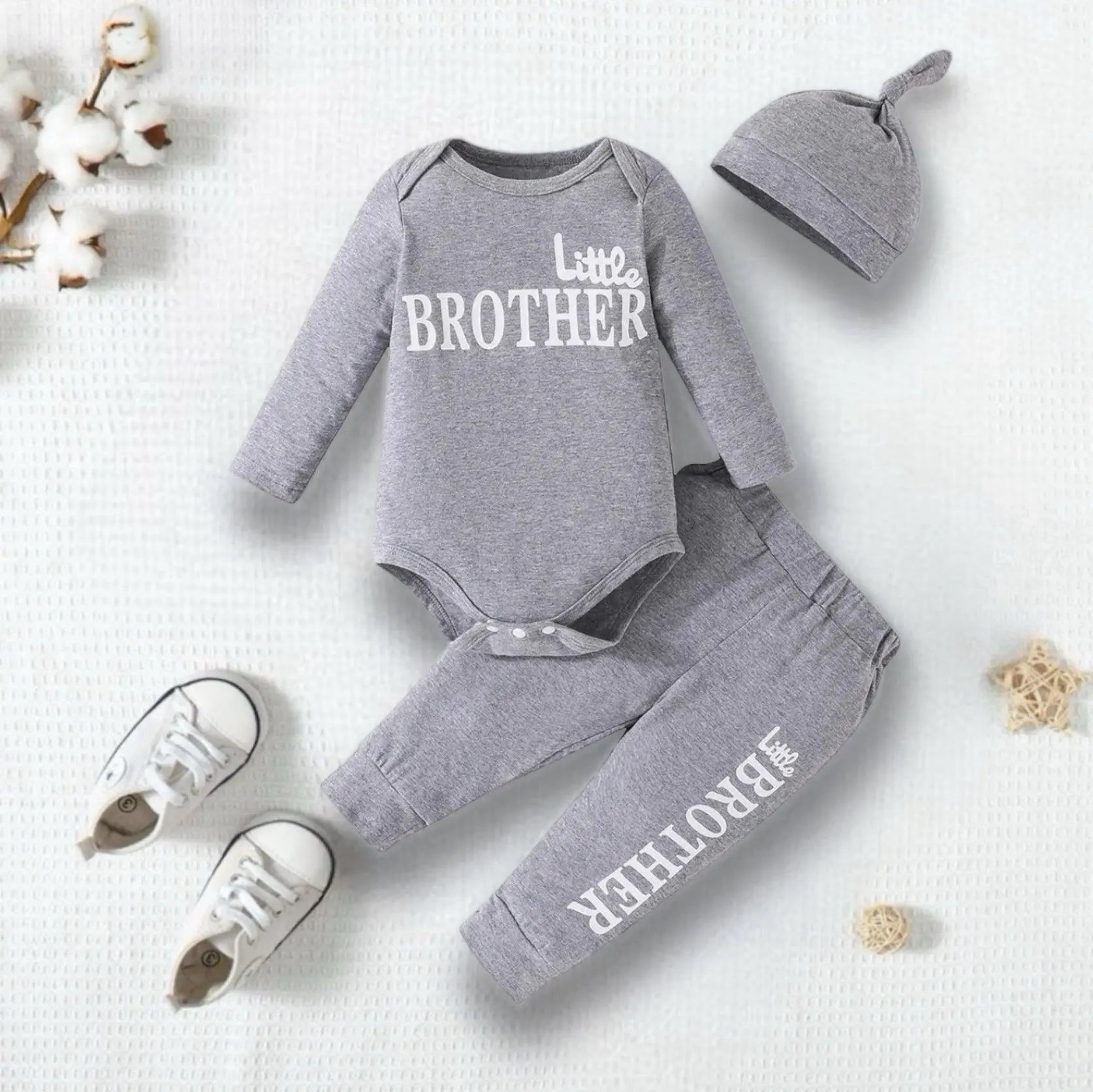 Infant Baby Boys Long Sleeve Little Brother Romper Joggers and Hat