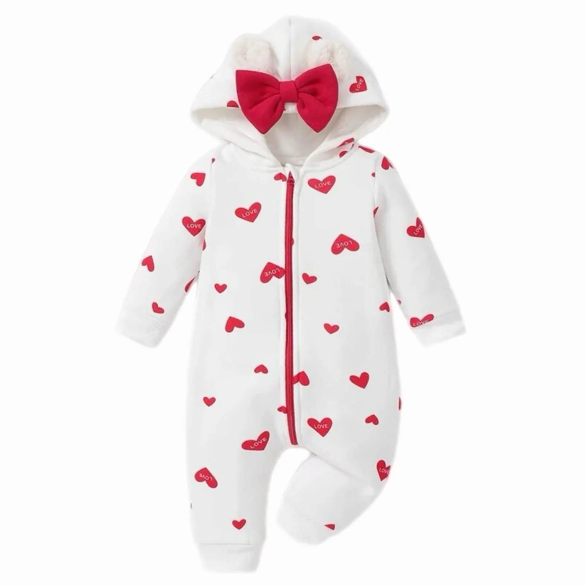 Infant Baby Girls Lined One Piece Heart Print Hooded Romper Jumpsuit, Main Image Pink