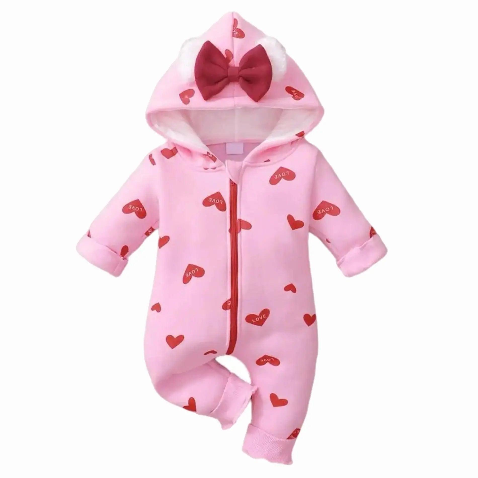 Infant Baby Girls Lined One Piece Heart Print Hooded Romper Jumpsuit, Main Image Pink