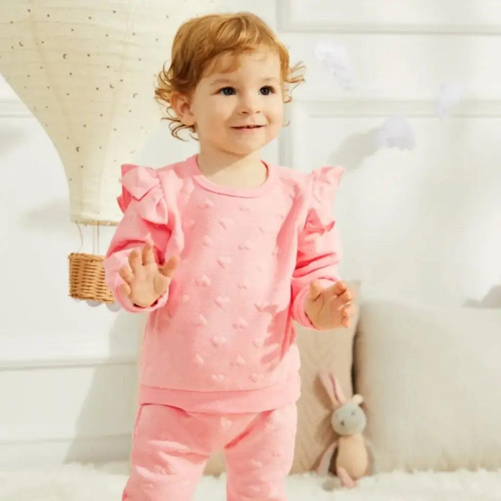 Baby Girls Pink Ruffled Long Sleeve Puff Heart Sweater and Joggers, Front