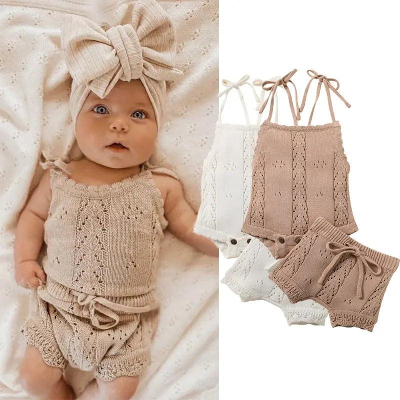 Baby Girls Cotton Knit Summer Sleeveless Top and Shorts Set, Main Image