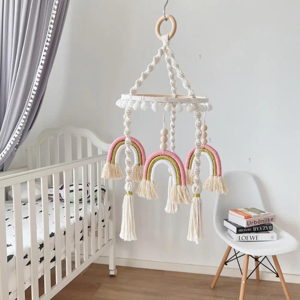 Baby Soft Cotton Woven Wooden Hanging Rainbow Mobile, Front Pink