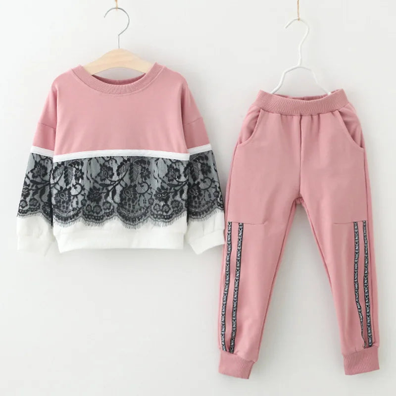 Toddler Girls Long Sleeve Pink and Black Lace Sweatshirt and Pants Set, Color Pink