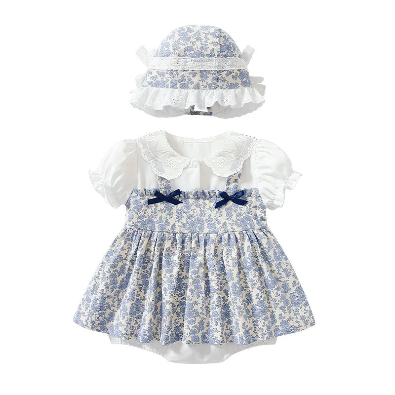 Baby Girls Floral Print Lace Blue and White Romper and Hat Set, Front