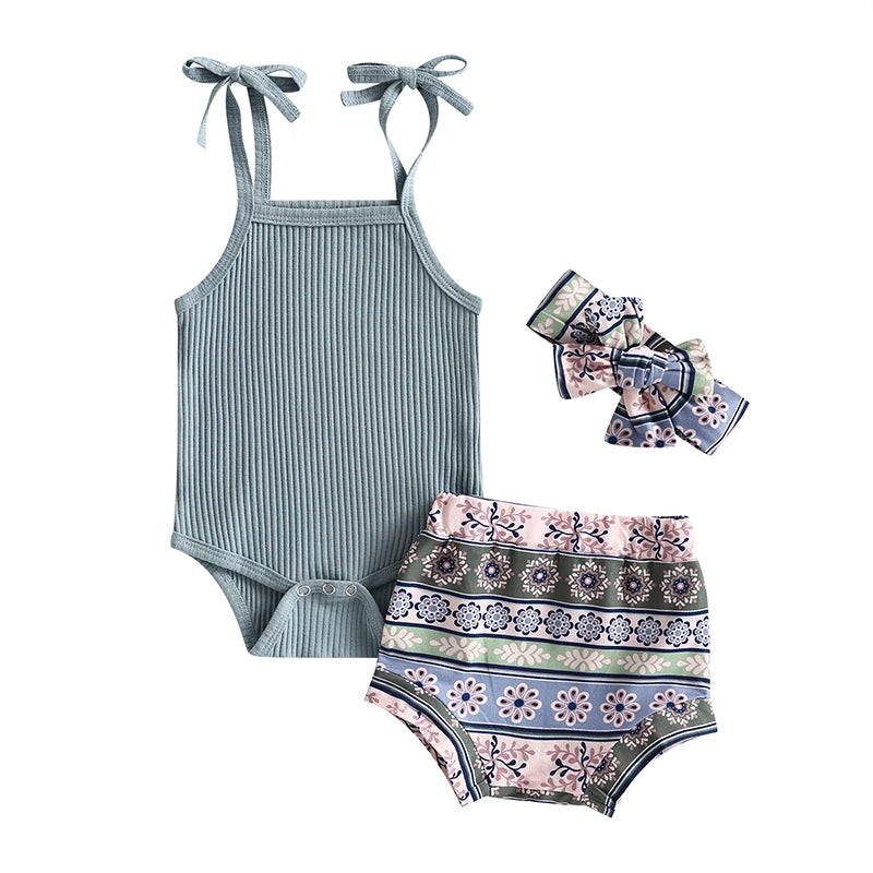 3PC Baby Girls Outfit Grey Sleeveless Romper Striped Shorts and Bow, Front