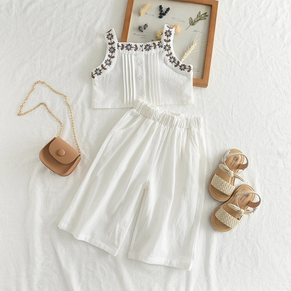 Toddler Girls White Embroidered Linen Sleeveless Top and Pants Set, Color