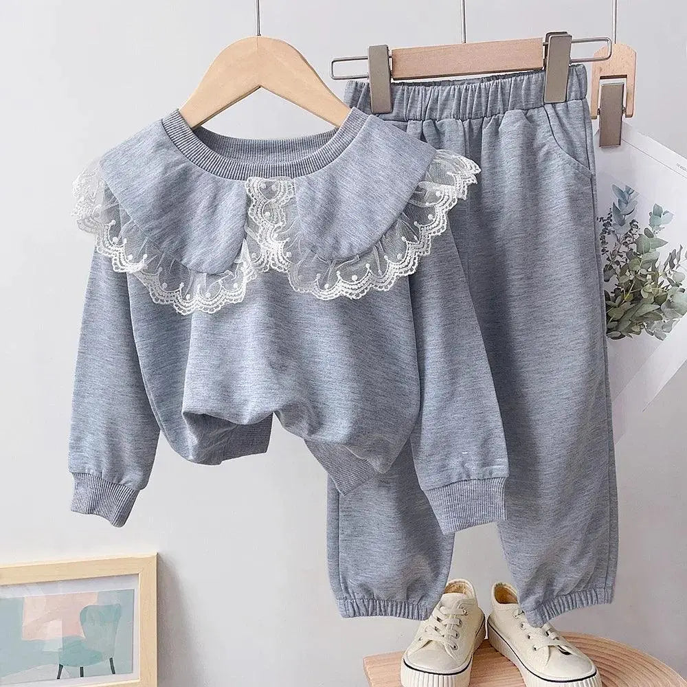 Toddler Girls Gray Lace Trim Ruffle Sweatshirt and Joggers Casual Set, Color
