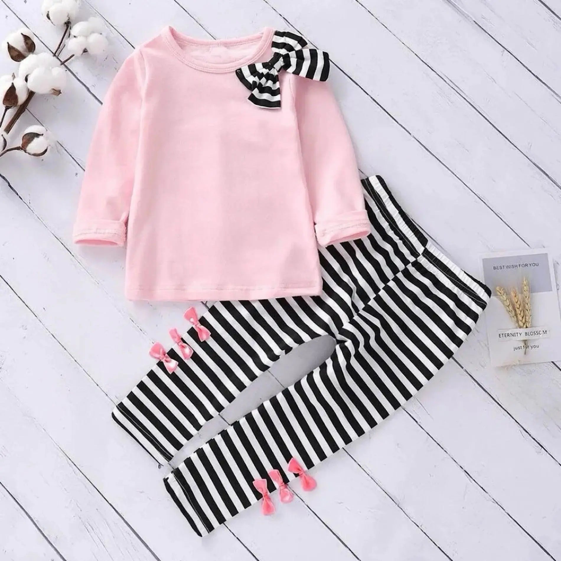 Girls Long Sleeve Pink Bow Collar Tunic Top and Striped Pants Set, Main Image