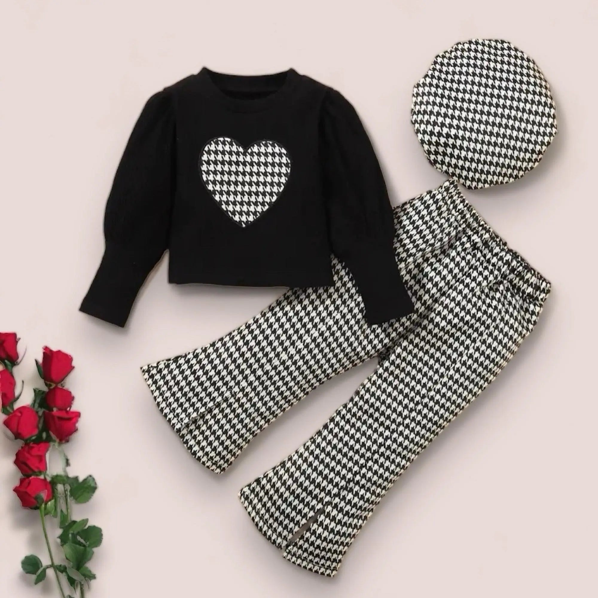 Toddler Girls Long Sleeve Plaid Heart Print Top Flare Pants Hat Set, Color