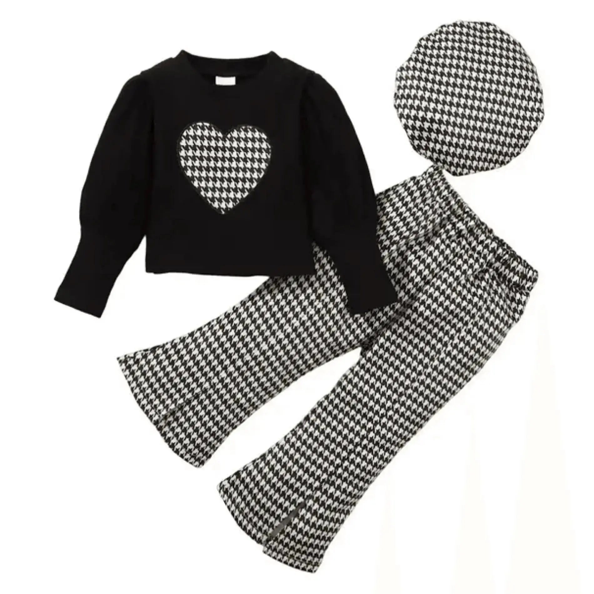 Toddler Girls Long Sleeve Plaid Heart Print Top Flare Pants Hat Set, Color