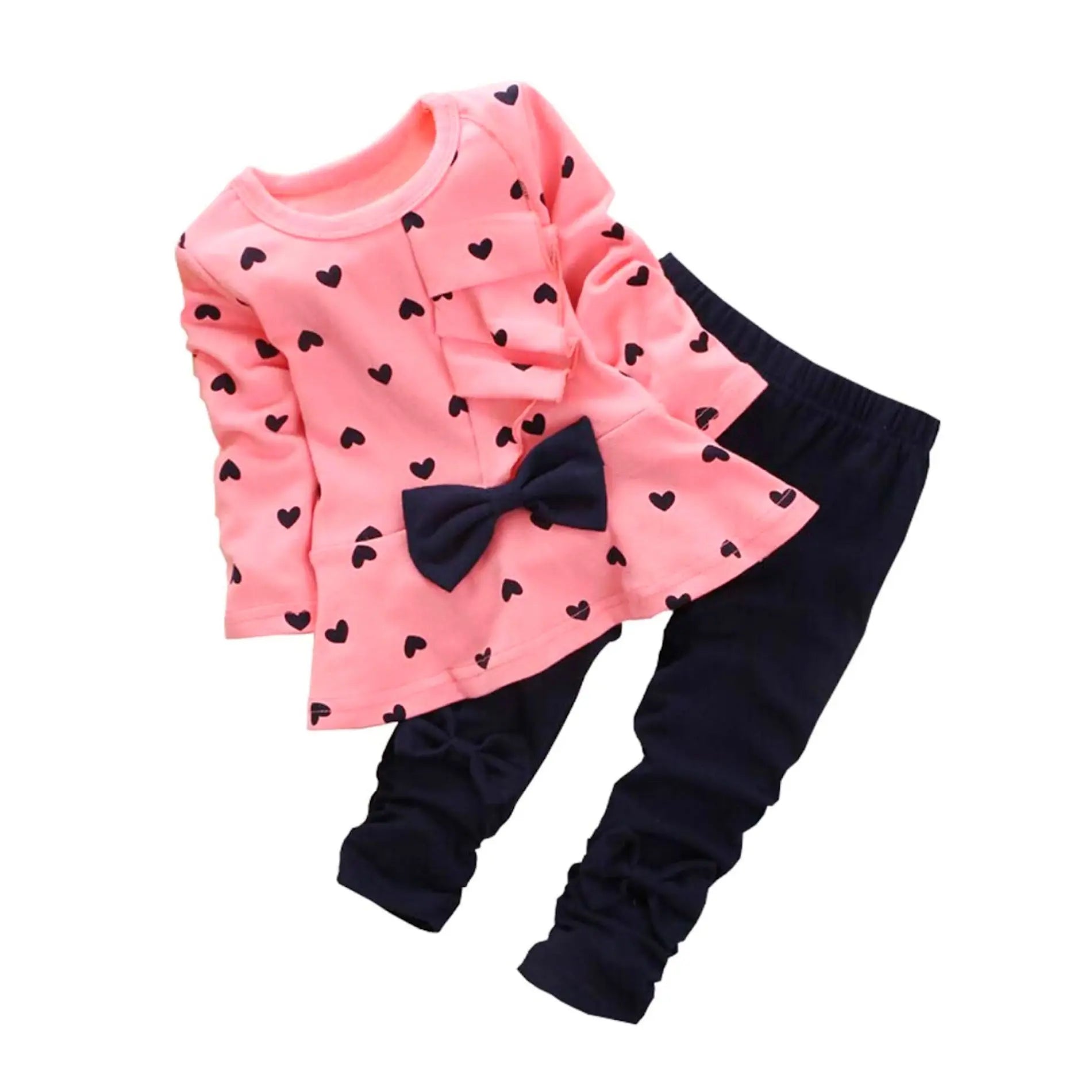 Toddler Girls Long Sleeve Ruffled Bow Top Heart Print and Pants Set, Main Image Pink