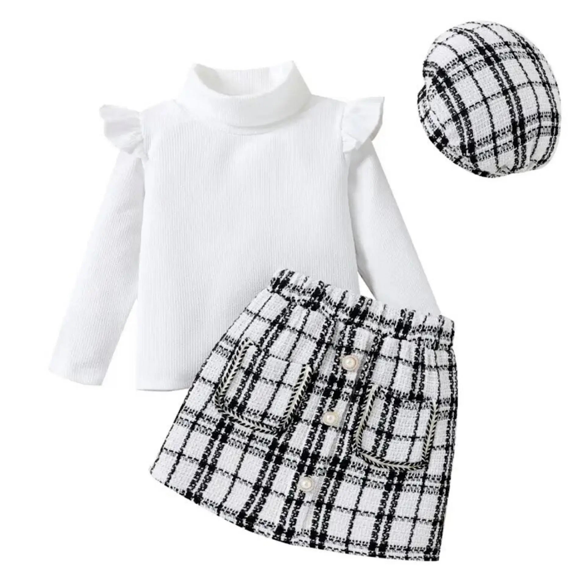 Toddler Skirt Set White Ribbed Top Plaid Skirt and Matching Hat, Color