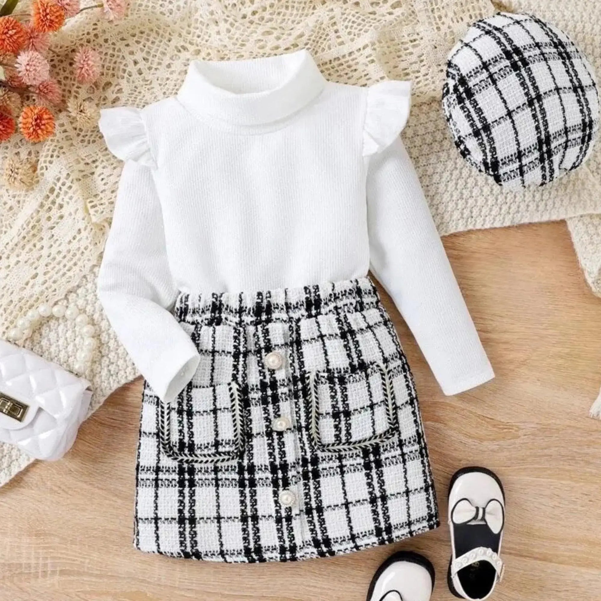 Toddler Skirt Set White Ribbed Top Plaid Skirt and Matching Hat, Color