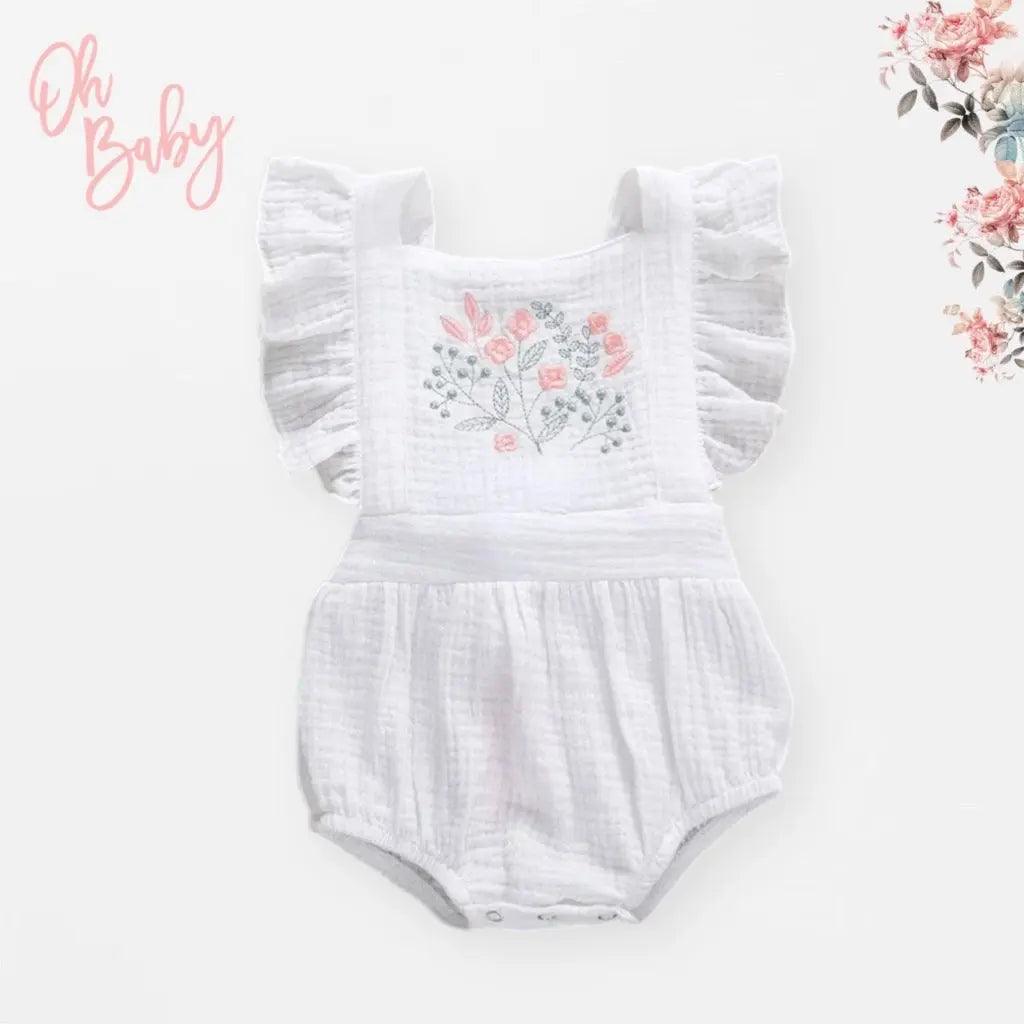 Baby Girls White Floral Embroidered Ruffled Summer Romper Bling Bling Baby Boutique