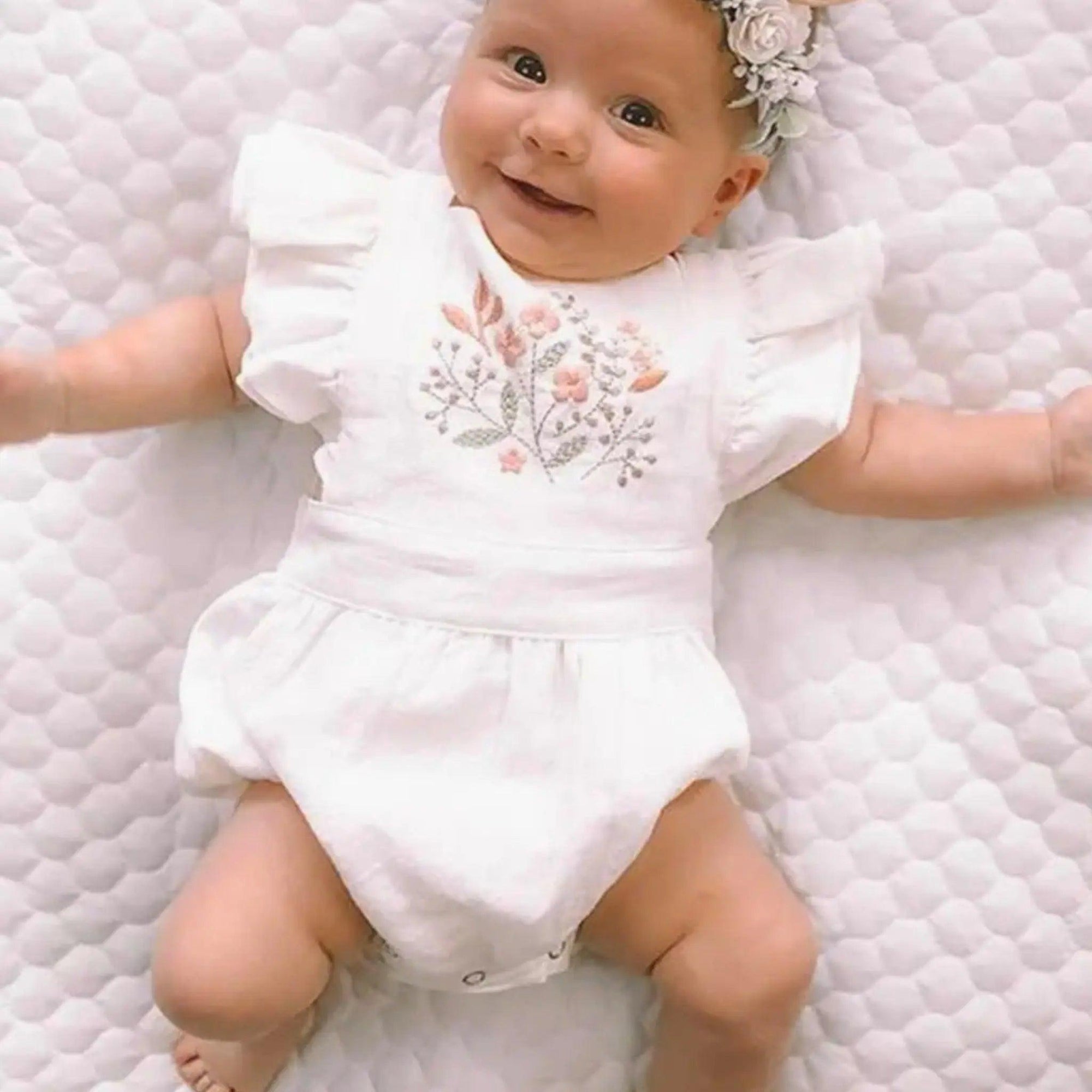 Baby Girls White Floral Embroidered Ruffled Summer Romper, Main Image