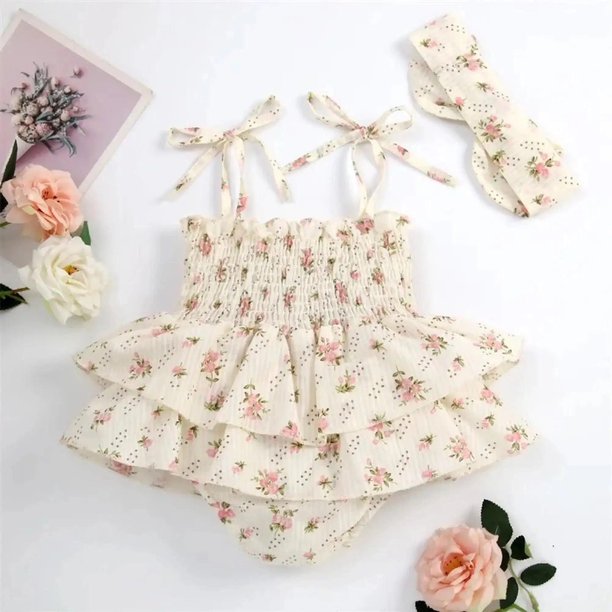 Baby Toddler Girl Summer Floral Romper Jumpsuit and Headband Bling Bling Baby Boutique